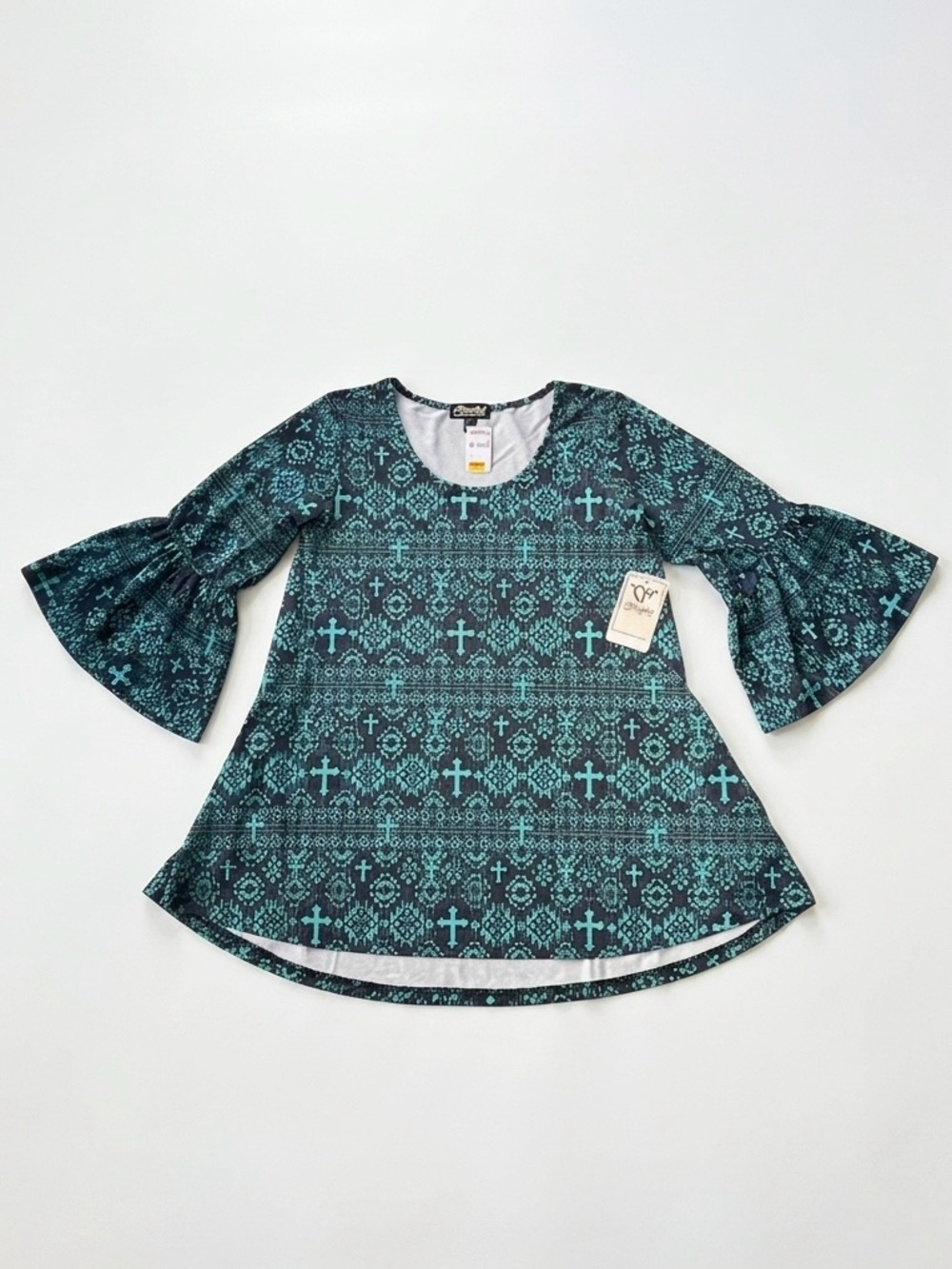 Cowgirl Western Bell Sleeve Teal & Black Cross Pattern Tunic Top